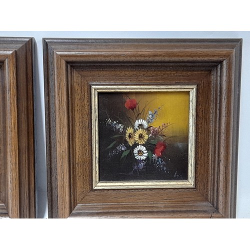 412 - Pair of  small framed Oil on Board Paintings of Flowers, 17cm x 17cm