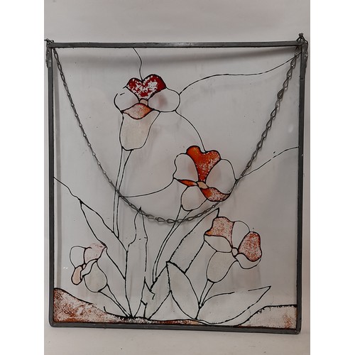 428 - Pair of Hand Decorated Glass Panes with hanging chain, 23cm x 26cm