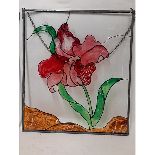 428 - Pair of Hand Decorated Glass Panes with hanging chain, 23cm x 26cm