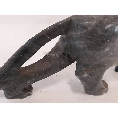 436 - Soapstone Leopard with repairs, 39cm x 16cm