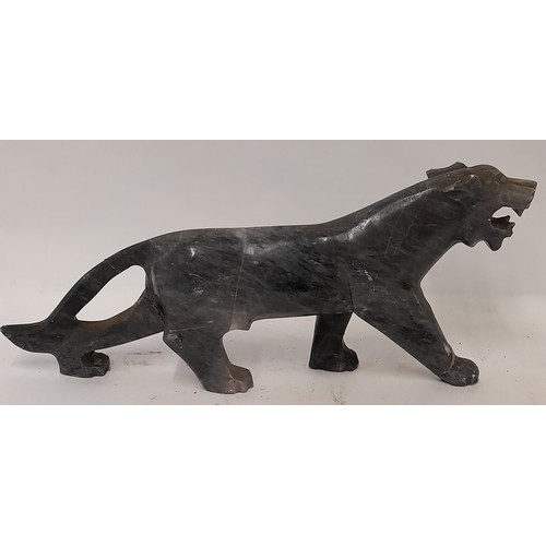 436 - Soapstone Leopard with repairs, 39cm x 16cm