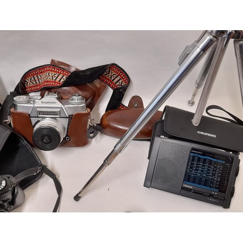 474 - 2 x Cameras Voightlander and Cannon, Tripod, Grundig 12 band Transistor Radio and Tasco Binoculars