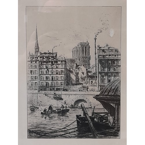 477 - Framed and Glazed Paris Cityscape Etching looking over the River Seine towards Notre-Dame, 35cm x 44... 