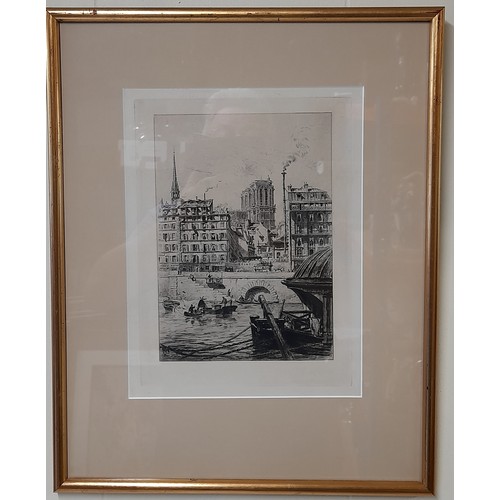 477 - Framed and Glazed Paris Cityscape Etching looking over the River Seine towards Notre-Dame, 35cm x 44... 