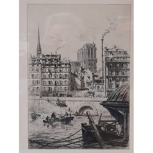 477 - Framed and Glazed Paris Cityscape Etching looking over the River Seine towards Notre-Dame, 35cm x 44... 