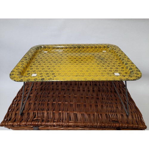 493 - Wicker picnic set with original contents, with a tin tray on folding legs