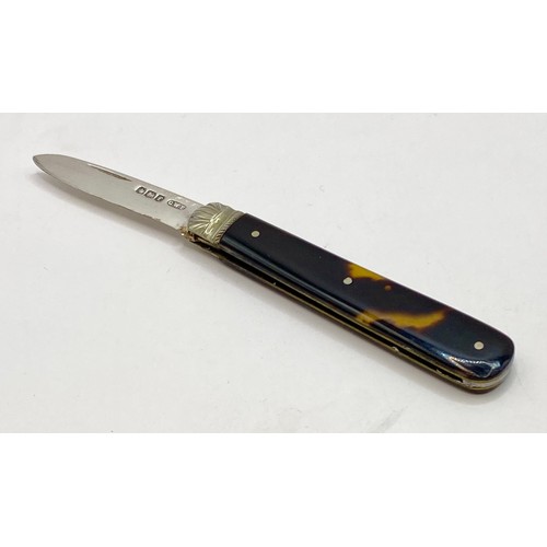 469 - Hallmarked Silver Blade Tortoise Shell Pen Knife. 0.488 Oz