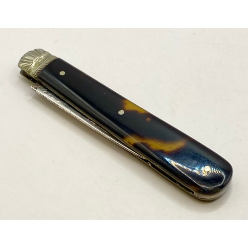 469 - Hallmarked Silver Blade Tortoise Shell Pen Knife. 0.488 Oz