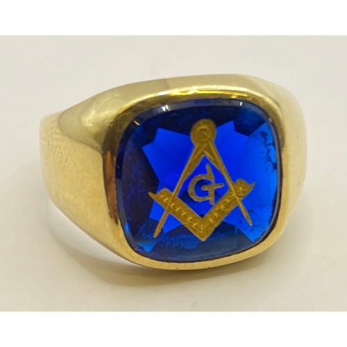 470 - 14ct Gold Masonic Central Stoned Ring in Box. 9.64g Weight. UK Ring Size U