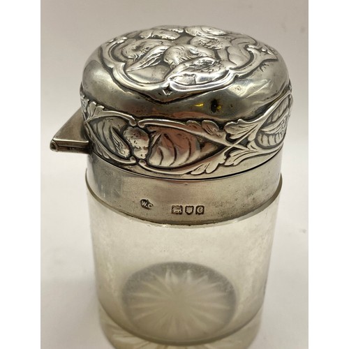 481 - Cherub Decoration Hallmarked Silver Lidded Glass Pot. Full Weight Roughly 8oz