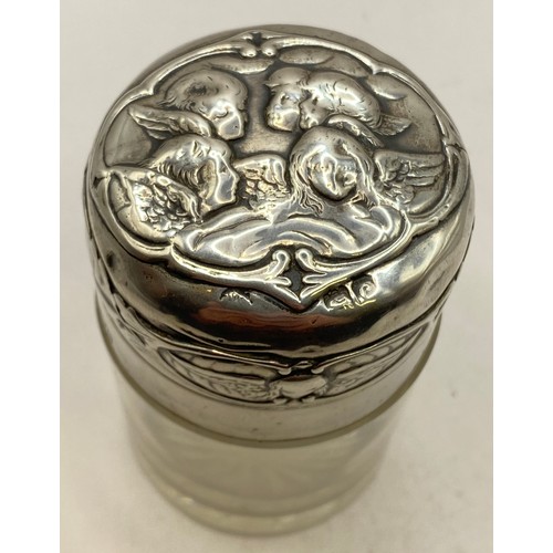 481 - Cherub Decoration Hallmarked Silver Lidded Glass Pot. Full Weight Roughly 8oz