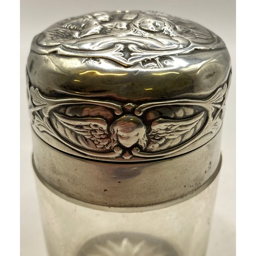 481 - Cherub Decoration Hallmarked Silver Lidded Glass Pot. Full Weight Roughly 8oz