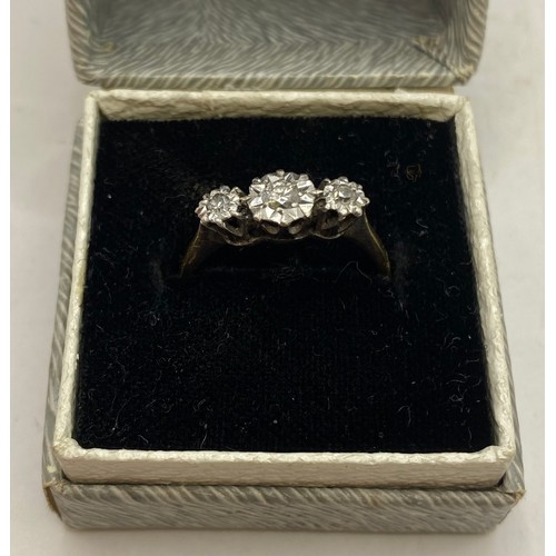 482 - 18ct Gold Platinum Three Stone Ring in Box. Weight 2.52g. UK Ring Size M