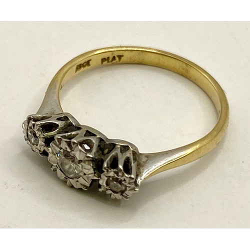 482 - 18ct Gold Platinum Three Stone Ring in Box. Weight 2.52g. UK Ring Size M