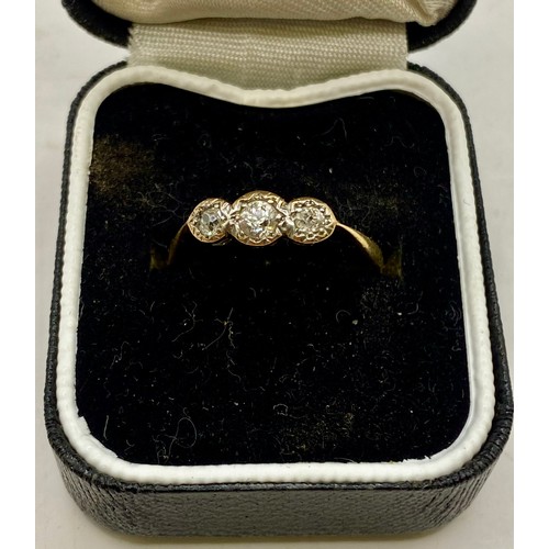 483 - 18ct Gold Platinum Diamond Three Stone Ring in Box. Weight 2.08g. UK Ring Size O