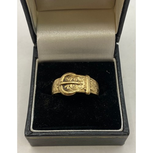 485 - Hallmarked 9ct Gold Belt Buckle Ring in Box. Weight 4.73g. UK Ring Size U