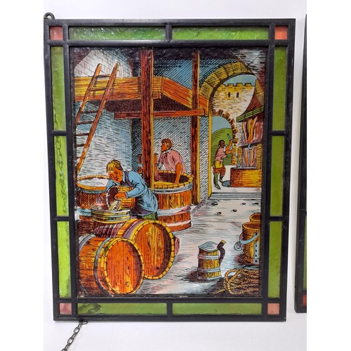 497 - 2 x Stained glass picture scenes, 22cm x 27cm