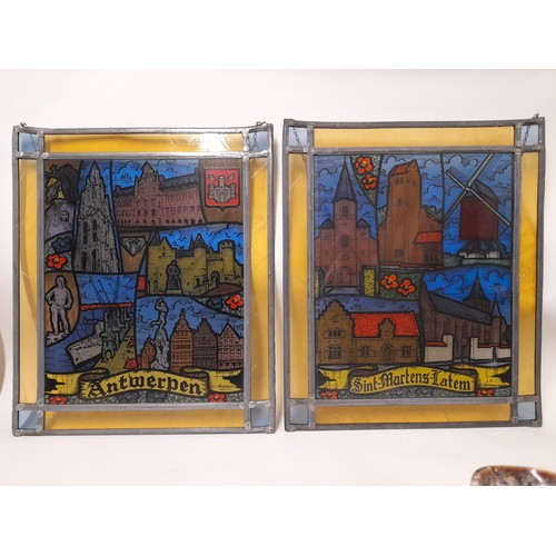 499 - 2 x Lead And Stained Glass continental scenes 37cm x 44cm with hanging chains