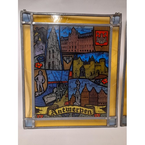 499 - 2 x Lead And Stained Glass continental scenes 37cm x 44cm with hanging chains