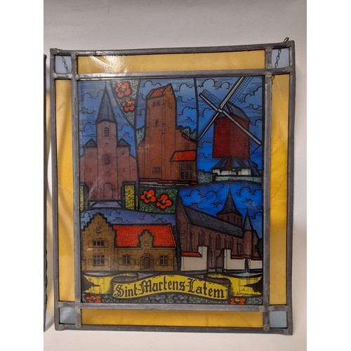 499 - 2 x Lead And Stained Glass continental scenes 37cm x 44cm with hanging chains