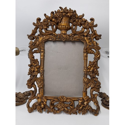 581 - Gilt painted wooden Photo Frame 22cm x 33cm and 2 x Bronzed metal Wall lights