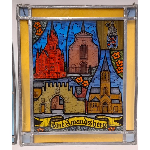 584 - 3 x Stained Glass Continental scenes of various sizes (one with crack), largest 37cm x 44cm