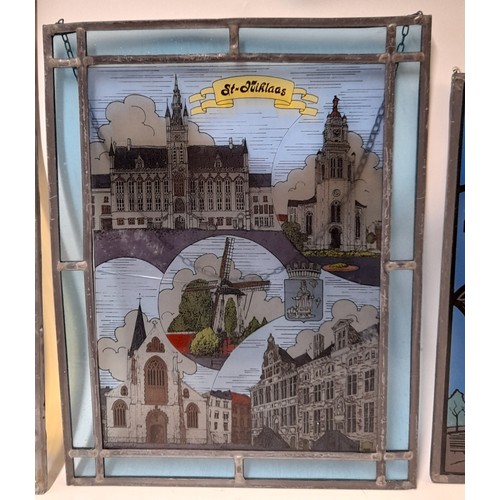 584 - 3 x Stained Glass Continental scenes of various sizes (one with crack), largest 37cm x 44cm