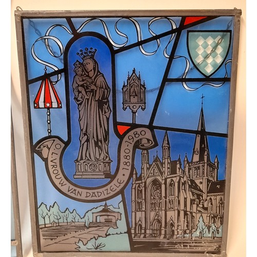 584 - 3 x Stained Glass Continental scenes of various sizes (one with crack), largest 37cm x 44cm