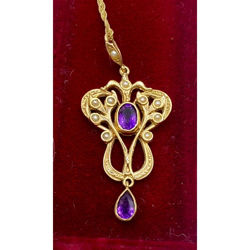 486 - 9ct Gold Sapphire and Pearl  Gem Stone Drop Pendant Chain Necklace in Box. Weight 5.05g