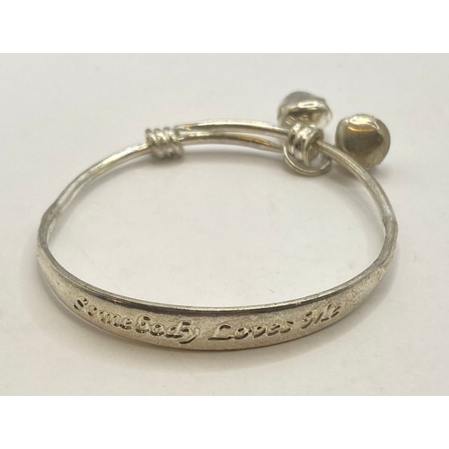 491 - Four Sterling Silver Baby / Child Bangles to Include Bell Rattle and Inscription Examples. Weight 0.... 