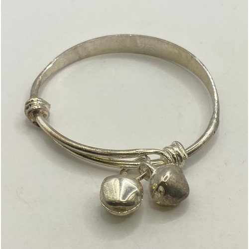 491 - Four Sterling Silver Baby / Child Bangles to Include Bell Rattle and Inscription Examples. Weight 0.... 