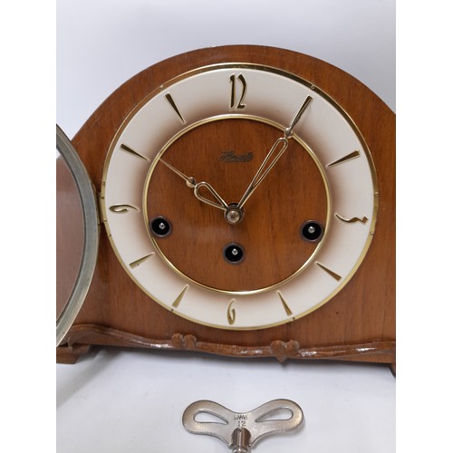 387 - Franz Hermle 2 Jewel Mantle Clock in Working Order 3 hole Westminster chime with Key, 33cm x 19cm