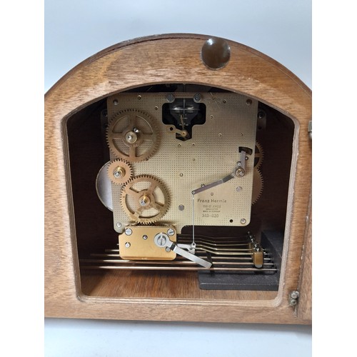 387 - Franz Hermle 2 Jewel Mantle Clock in Working Order 3 hole Westminster chime with Key, 33cm x 19cm