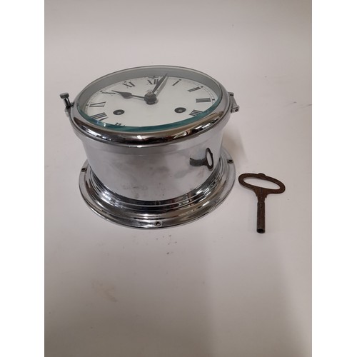 388 - Chrome Ships Bulk Head Clock By Schatz with Key. 18CM diameter