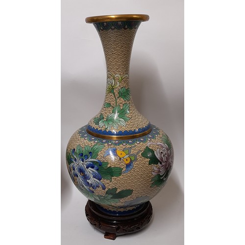 390 - Pair of Cloisonne Vases on wood stands, 31cm high