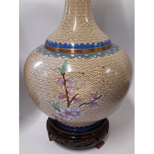 390 - Pair of Cloisonne Vases on wood stands, 31cm high