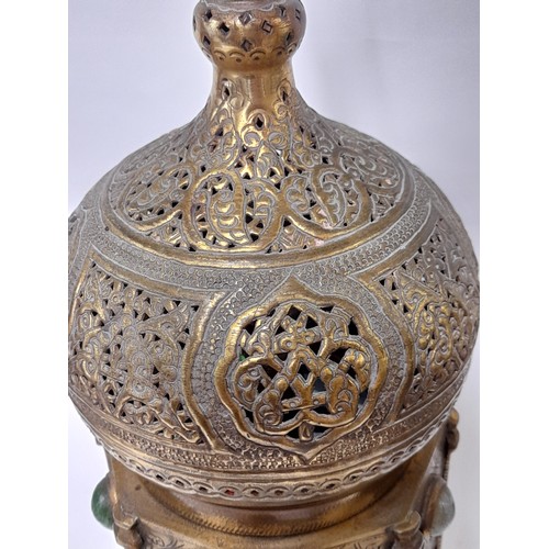 391 - Heavy Vintage Brass Table Lamp in the form of an Islamic Censer With Coloured Glass Inserts, 47cm hi... 