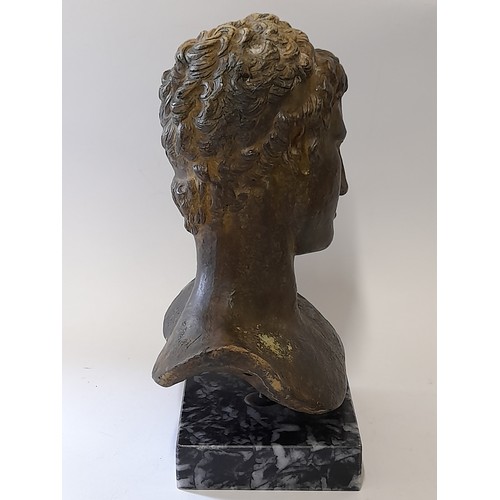 393 - Composite Bronzed Bust of Ephebe of Marathon on Marble Base 25cm high