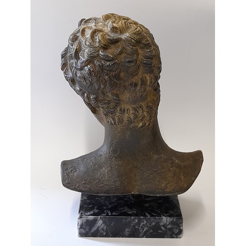 393 - Composite Bronzed Bust of Ephebe of Marathon on Marble Base 25cm high