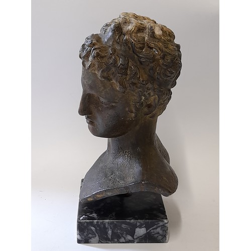 393 - Composite Bronzed Bust of Ephebe of Marathon on Marble Base 25cm high