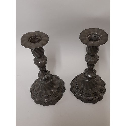 395 - Antique Pair of Continental Pewter Candlesticks, 27cm high