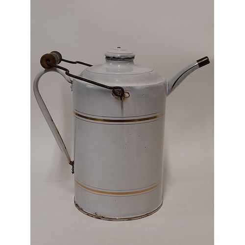 397 - Antique White Enamel 4l fuel Canister with swing handle