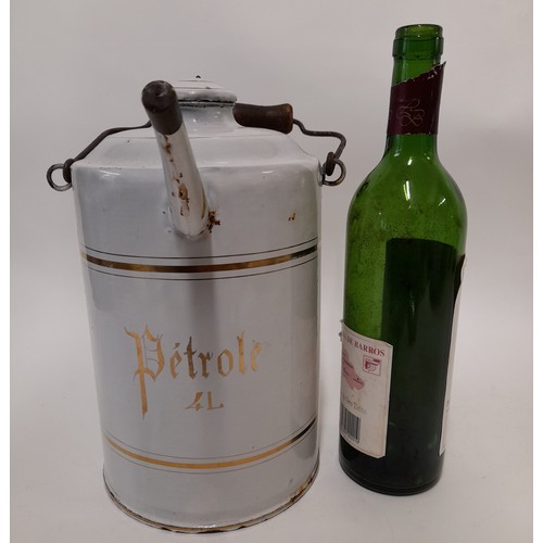 397 - Antique White Enamel 4l fuel Canister with swing handle