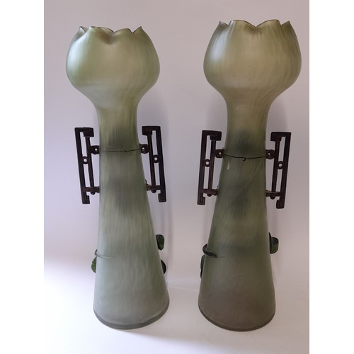 398 - Pair Of Bohemian Art Nouveau Green glass vase with Bonze Mounting and glass floral design with bird,... 