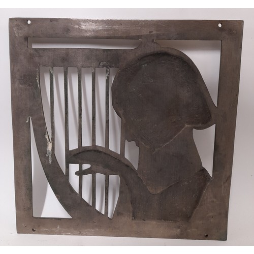 519 - Heavy Metal Grill / Plaque depicting a Woman Playing a Lyre Harp, 32cm x 32cm