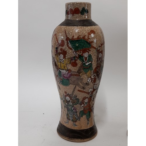 596 - 2 x Chinese Crackle Glaze Vases both with marks to base, 29cm high