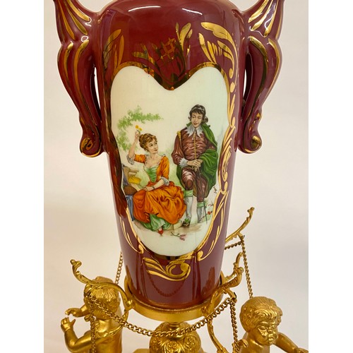 527 - Large Sevres Urn / Vase on Cherub Mounted Ormolu Plinth with Marble Base 58cm Height