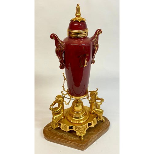 527 - Large Sevres Urn / Vase on Cherub Mounted Ormolu Plinth with Marble Base 58cm Height