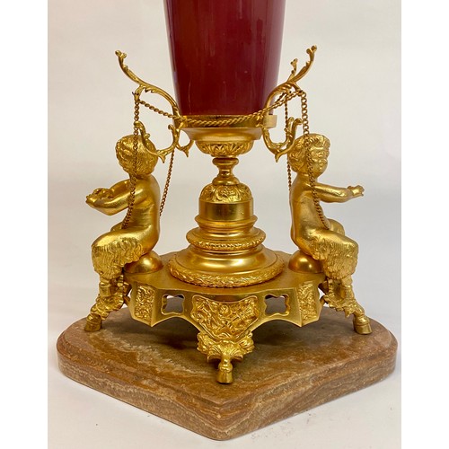 527 - Large Sevres Urn / Vase on Cherub Mounted Ormolu Plinth with Marble Base 58cm Height