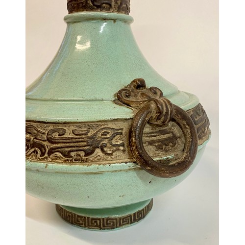 531 - 1960’s Ugo Zaccagnini - Italian Ming, Celadon and Bronze Colourway, Large Bottle Form Ceramic Lamp B... 